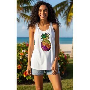 NEW Sequin Pineapple Racerback Tank Top Tropical Colorful Shiny Sparkle Sporty M